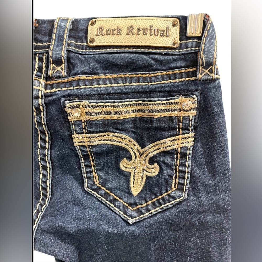 ROCK REVIVAL SHERRY BOOT Crystal Rhinestone Pocket Dark Blue Jeans EUC Size 27 - Picture 5 of 12